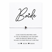 Gift for bride. Bride wish string bracelet. White cotton cord bracelet with small silver heart bead charm. Displayed on the bride keepsake card with wish instructions. 
