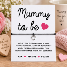 Mummy to be wish string bracelet. Pregnancy gift. Silver heart charm bracelet for an expectant mum. 