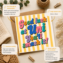 A square greeting card with colorful retro text reading 'Good luck at Uni You'll smash it!' on a yellow-and-white striped background, styled on top of a brown kraft envelope with surrounding decorative props and callout boxes explaining eco-friendly materials, size, and personalization.