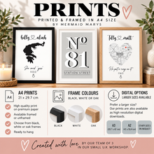 A promotional graphic for personalized framed art prints by Mermaid Marys, showing three sample prints in black, white, and oak frames on a beige background with decorative plants and candles. The graphic includes text about A4 print sizes, frame color options, and digital download availability.