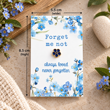 Forget me not pin with remembrance card. Funeral favours 
