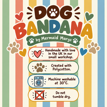 A colorful graphic poster for a dog bandana by Mermaid Marys, featuring playful typography, paw prints, and four informational callout boxes with care instructions and product details.