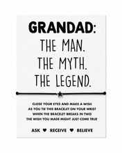 Grandad wish string bracelet. A white rectangular display card with black text addressed to Grandad, featuring the phrase 'GRANDAD: THE MAN. THE MYTH. Gift for grandad.