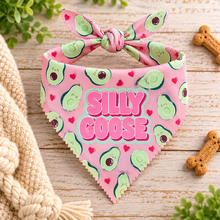Silly goose dog bandana in mint and pink avocado print. Funny cute slogan dog bandana. Adjustable dog neck tie. Printed dog bandana humour