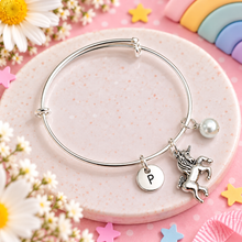 Silver unicorn charm bracelet. Personalised Adjustable unicorn handle with 3 charms 