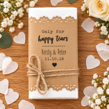 personalised wedding tissues wrapped in a kraft paper sleeve with a just string bow