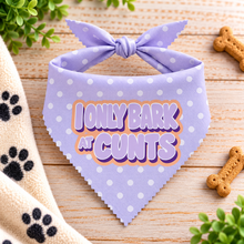 I only bark at cunts dog bandana in lilac polka dot. Cute colourful slogan dog scarf - adjustable tie on