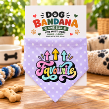 A lavender pet bandana with white polka dots and colorful 'Favourite' lettering, hanging from its white branded card packaging. FUNNY SLOGAN BANDANA