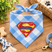 Super dog bandana in blue & white gingham check. Superhero dog bandana. Funny slogan dog scarf neck tie