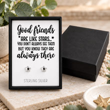 Sterling silver friends earrings. Silver star studs with butterfly backs with good friends are like stars gift box. Birthday gift for friend. 
