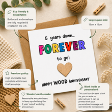 Card for wood anniversary for 5 years married. A square white wooden card with colorful 'FOREVER' lettering and a wooden heart, styled on a beige fabric background with callout boxes explaining eco-friendly materials, size, and personalization options.