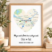Personalised map engagement print. Engagement gift. Customised engagement location poster 