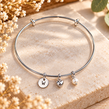 Personalised adjustable Silver charm bangle with 3 charms - an initial charm, heart charm and pearl charm 