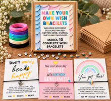 A boxed bracelet-making kit. The box reads 'MAKE YOUR OWN WISH BRACELETS' and includes instructions and sample designs. Makes 10 complete wish bracelets. Crafting gift