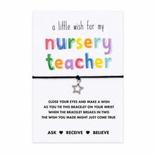 Nursery teacher gift. A black cord bracelet with a small silver star charm, presented on a white card that reads 'a little wish for my nursery teacher' with colorful lettering and a blessing below.