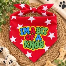 I'M A BIT OF A KNOB DOG BANDANA. PATTERNED RED AND WHITE STARS DOG NECK TIE