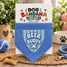 Beer buddy dog bandana in blue and green with sheriffs badge. Tie on dog accessory. Cool puppy clothing.