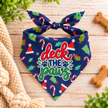 Deck the paws dog bandana. Christmas print dog neck scarf.