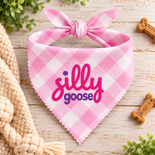 Silly goose dog bandana in pink and white gingham check. Funny cute slogan dog bandana. Adjustable dog neck tie.