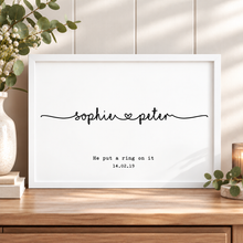 Personalised wedding gift. He put a ring on it joined up names print with marriage date.