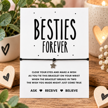 Besties wish string bracelet. Silver star charm on a black cotton cord bracelet. Displayed on besties forever keepsake card. 