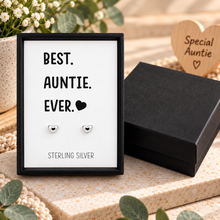 Best Auntie Ever earrings and gift box. Sterling silver heart stud earrings. Gift for Auntie. Aunty gift.