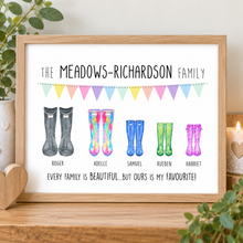 A framed custom family welly boots print featuring illustrated rain boots and the text 'THE MEADOWS-RICHARDSON FAMILY' and 'EVERY FAMILY IS BEAUTIFUL.