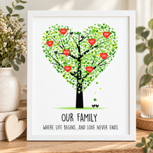 Personalised family tree print. Heart tree print. Family gift.