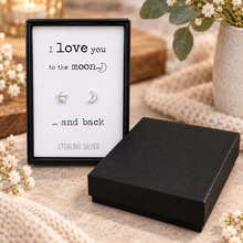 Sterling silver moon and star earrings with gift box. I love you to the moon and back earrings. 