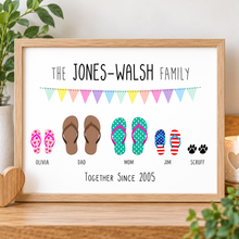 A personalised framed family print on a wooden shelf, featuring the text 'THE JONES-WALSH FAMILY' and 'TOGETHER SINCE 2005' with illustrated flip flops and paw prints labeled for each family member. 