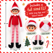 A red and white elf on the shelf doll with long striped legs and black shoes, shown on a white background with measurement arrows, decorative stars, a Christmas tree, and callout circles highlighting features like the cheeky smile, Velcro hands, and long legs.