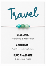 A white card featuring a turquoise cord bracelet with three blue-green beads and the word 'Travel' at the top, Blue Jade, Aventurine, and Blue Amazonite crystal bracelet with meanings card.