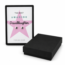 Sterling silver star stud earrings displayed in a black presentation box with a printed card that reads 'The Most A-M-A-Z-I-N-G Granddaughter Sterling Silver,' gift for granddaughter. Silver star stud earrings.