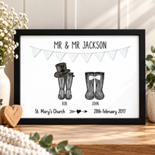 Wedding wellies print. Personalised wedding gift with couples names, location of marriage and wedding date. Unusual wedding present 
