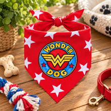 Wonder dog bandana. Superhero neck tie for you Dog in red and white star print with wonderdog logo.