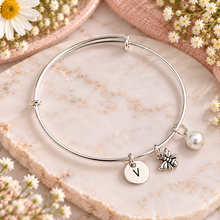 Silver bee charm bracelet. Personalised Adjustable bangle with 3 charms 