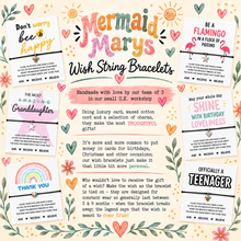 A promotional collage for 'Wish String Bracelets' featuring multiple sample card designs with quotes, hearts, flowers, and decorative text, plus a central title and product description on a white background.