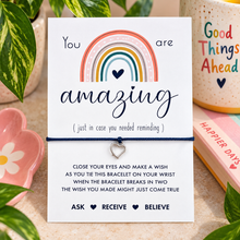 You are amazing wish bracelet. Encouragement gift for Xmas or new job. Silver heart on a black cord bracelet. 