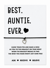 Auntie wish string bracelet. A black cord bracelet with a small silver heart charm displayed on a white keepsake card that reads 'BEST. AUNTIE. EVER. Gift for auntie 