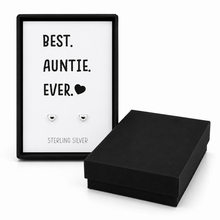Best Auntie Ever earrings and gift box. Sterling silver heart stud earrings. Gift for Auntie. Aunty gift.