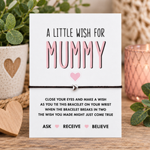Mummy wish string bracelet. Gift for mummy. Silver heart charm on a black cotton cord bracelet.