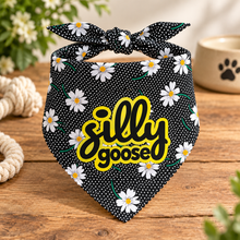 Silly goose dog bandana in daisy print. Funny cute slogan dog bandana. Adjustable dog neck tie in black white and yellow 