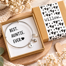 Personalised silver auntie charm bangle. Birthday gift for auntie. 