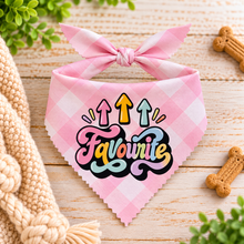 Pink gingham pet bandana with a bow, featuring a colourful 'Favourite' graphic and arrows. Cute dog neck tie in pink gingham