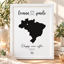 A black-and-white personalised wedding print featuring a black silhouette map with the names 'sloan & peter' at the top and 'Tied the knot 11 June 2022' below, customised wedding gift 