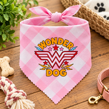 Wonder dog bandana. Superhero neck tie for you Dog in pink and white gingham print with wonderdog logo.
