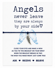 Angel wing bracelet. Sympathy remembrance gift. A white square card featuring a black cord bracelet with a feathered angel wing charm. The card displays the text 'Angels never leave they are always by your side' and instructions on how to use the wish bracelet, with 'Ask Receive Believe' at the bottom.