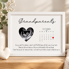 Personalised pregnancy announcement gift for grandparents. A personalised baby keepsake print on a wooden surface, featuring the word 'Grandparents,' a heart-shaped ultrasound photo, due date marked on calendar with a red heart mark, and a sentimental message.