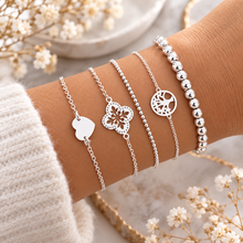 Five delicate silver bracelets. Set of 5 silver bracelets. Silver bead bracelet. Silver heart bracelet. Silver clover bracelet. Family tree bracelet.