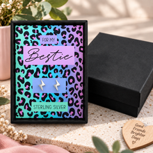 Silver bestie earrings with gift box. A boxed pair of silver lightning bolt stud earrings displayed on a colourful leopard-print card that reads 'FOR MY Bestie' and 'STERLING SILVER’ gift for best friend 